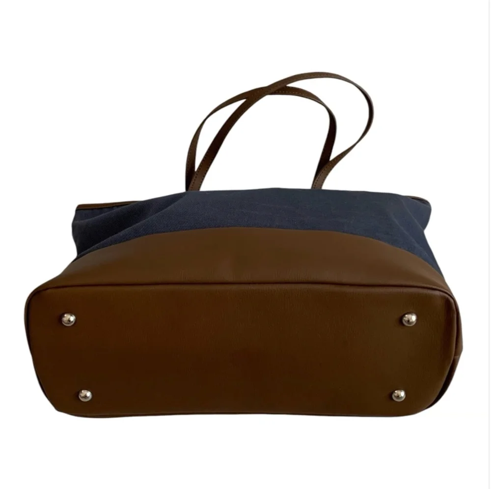VESSEL Brown Blue Denim Canvas Leather Tote Bag Weekend Shoulder Zip Very Good